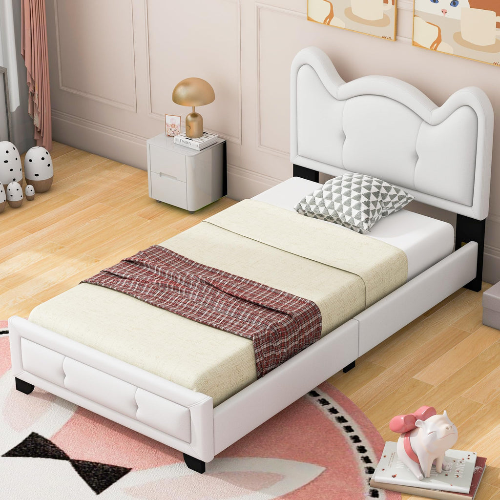 Lostcat Twin Size Upholstered Carton Ears-Shape Princess Bed with Headboard and Footboard, Cute Twin Size Platform Bed Frame, Twin Size Kids Bed Frame for Boys Girls, No Box Spring Needed, White