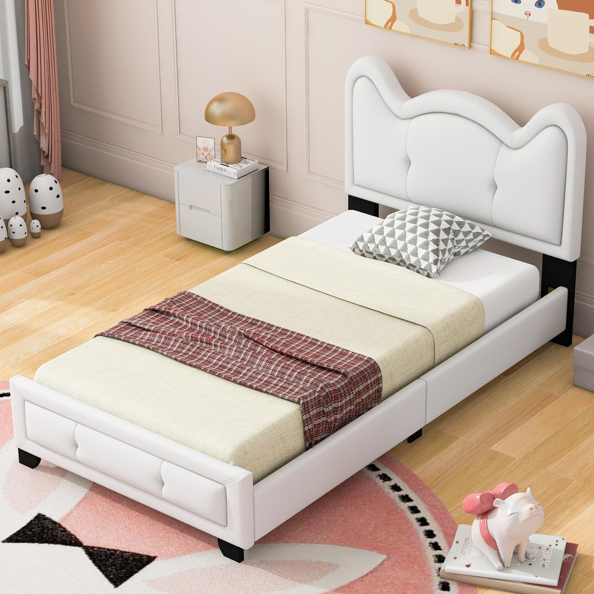 Lostcat Twin Size Upholstered Carton Ears-Shape Princess Bed with Headboard and Footboard, Cute Twin Size Platform Bed Frame, Twin Size Kids Bed Frame for Boys Girls, No Box Spring Needed, White