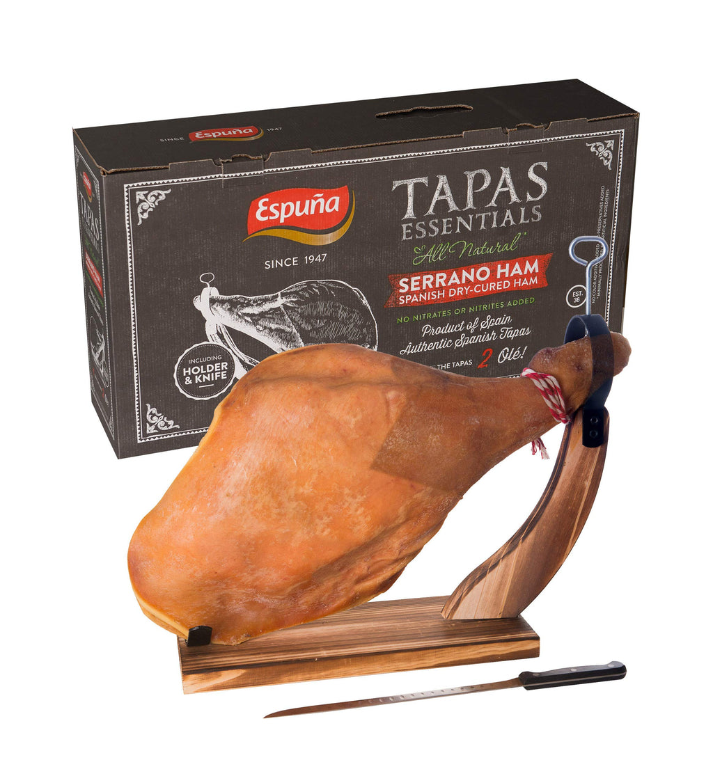 Jamon Serrano Ham Gift Box All natural, No nitrates, nitrites or preservative added (Includes Ham Holder and Knife)