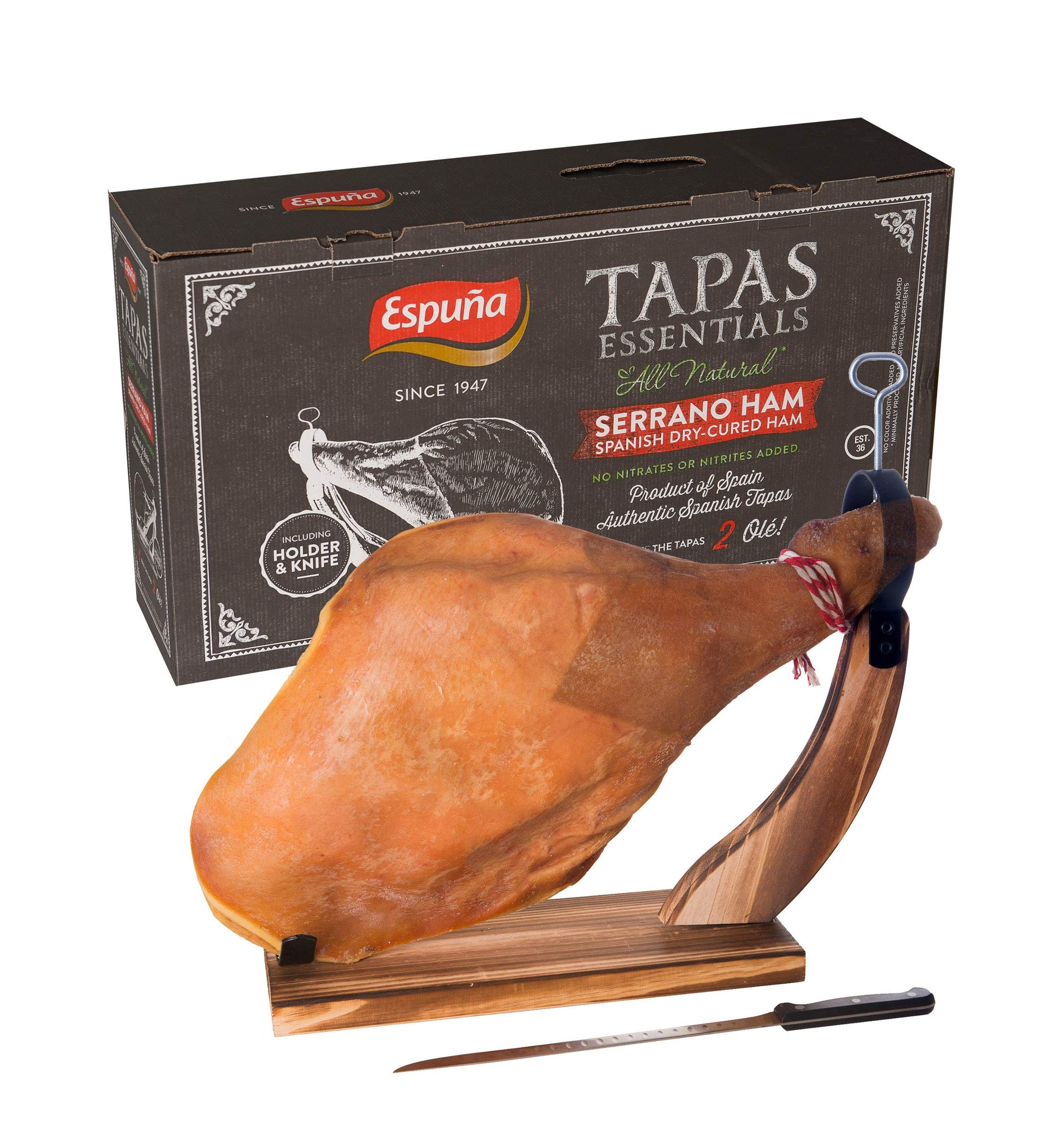 Jamon Serrano Ham Gift Box All natural, No nitrates, nitrites or preservative added (Includes Ham Holder and Knife)