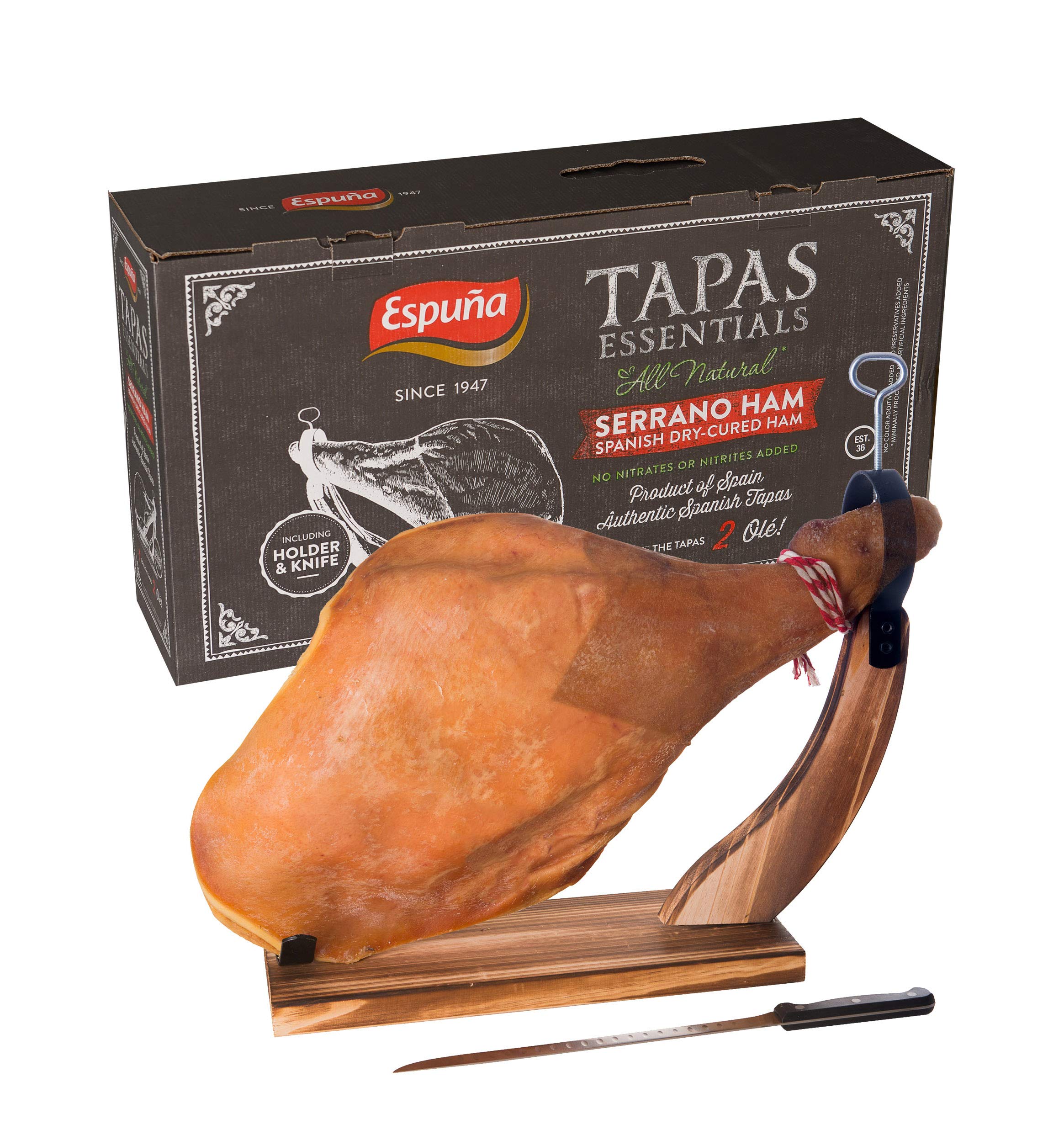 Jamon Serrano Ham Gift Box All natural, No nitrates, nitrites or preservative added (Includes Ham Holder and Knife)