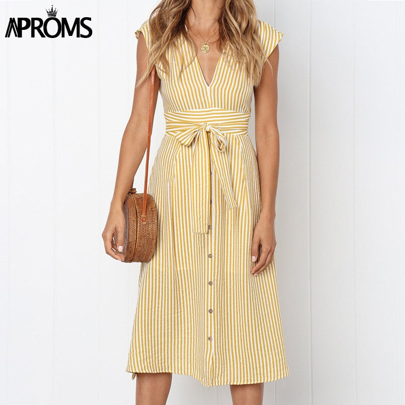 Aproms בציר פס הדפסת Midi שמלת נשים אלגנטי עמוק V אבנט לקשור Bodycon שמלות נקבה קיץ Streetwear שמלות קיץ 2019