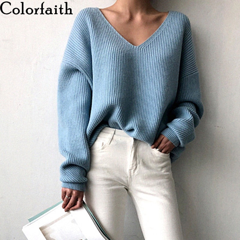 Colorfaith New 2019 Autumn Winter Women's Sweaters V-Neck Minimalist Stylish Irregular Hem Knitting Casual Casual Tops SW8112