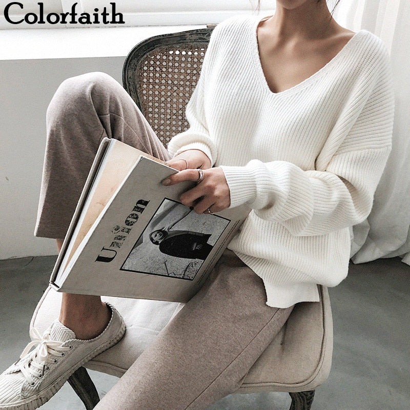 Colorfaith New 2019 Autumn Winter Women's Sweaters V-Neck Minimalist Stylish Irregular Hem Knitting Casual Casual Tops SW8112