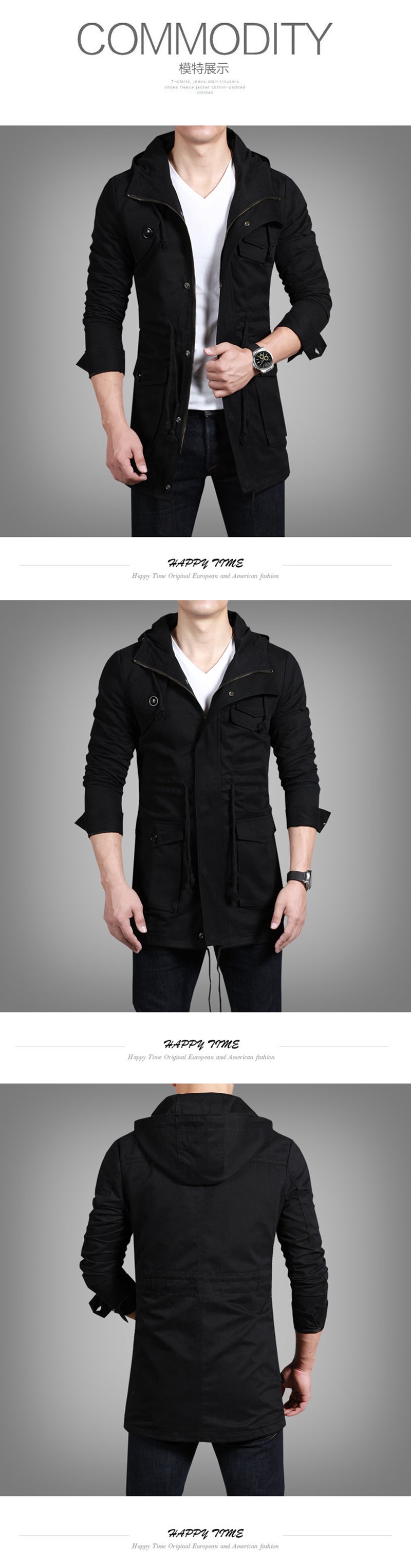 2019 new arrivel spring and autumn high quality leisure fashion men long hooded trench coat
