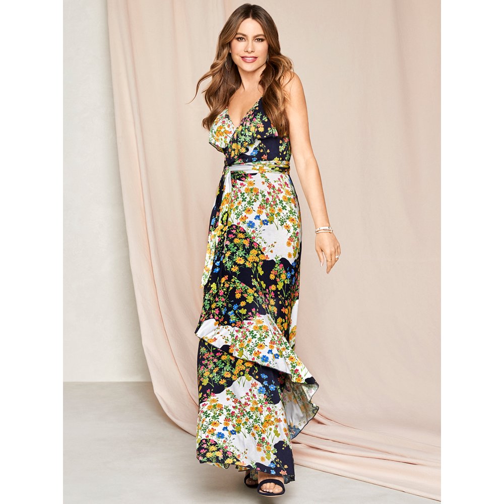 Sofia Jeans by Sofia Vergara - Sofia Jeans by Sofia Vergara Faux Wrap Tossed Bouquets Maxi Dress, Women's - Walmart.com - Walmart.com