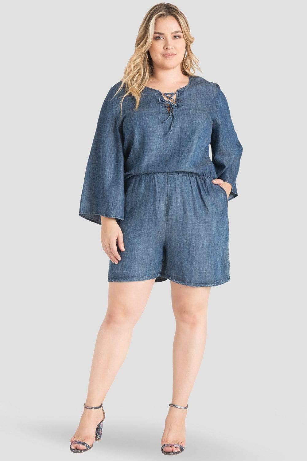 Barbie Bell Sleeve Lace-Up Denim Romper