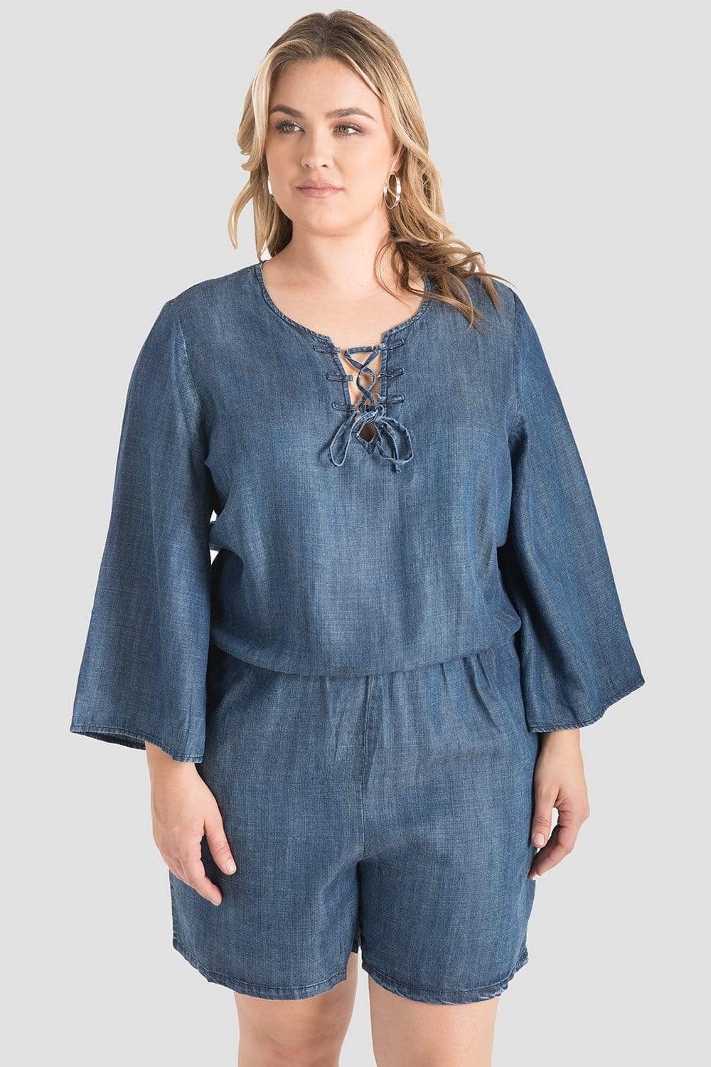 Barbie Bell Sleeve Lace-Up Denim Romper